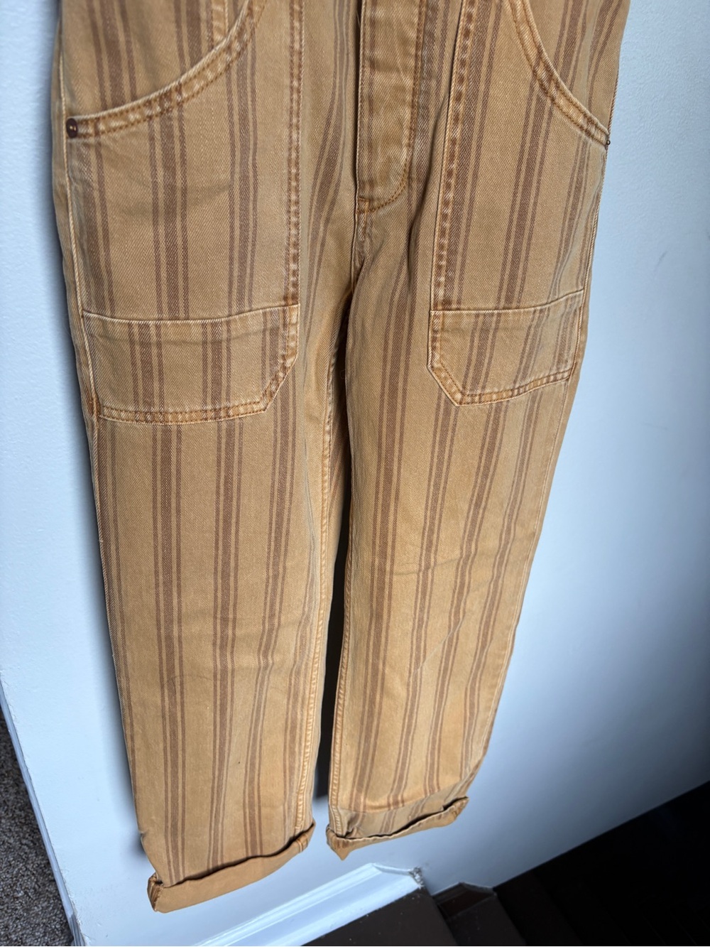 Anthropologie Pilcro Striped Camel Brown Button-Front Overalls - Picture 8 of 14